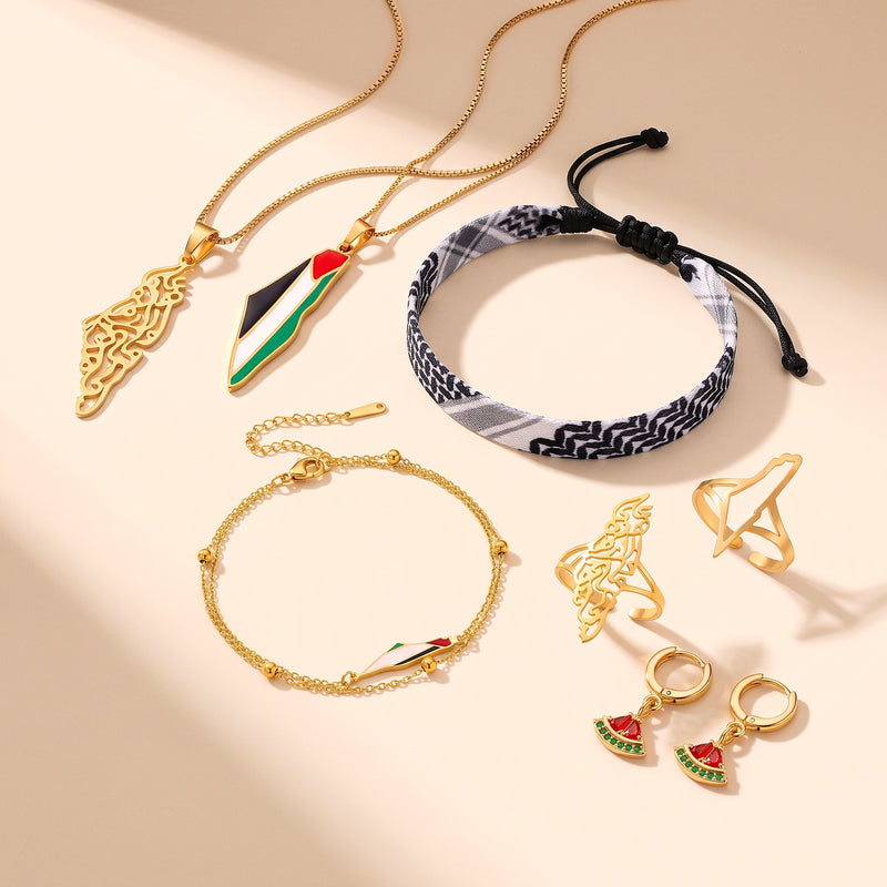 The Palestine Sisterhood Set - seven 18K gold plated Palestine pieces: map necklaces, map rings, watermelon hoops, keffiyeh and map bracelets
