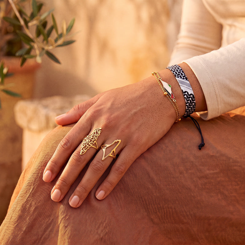 Keffiyeh bracelet, Palestine map bracelet, calligraphy map ring and minimal map ring worn together