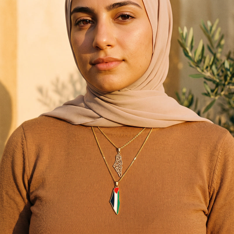 Palestine calligraphy map necklace and flag map necklace layered